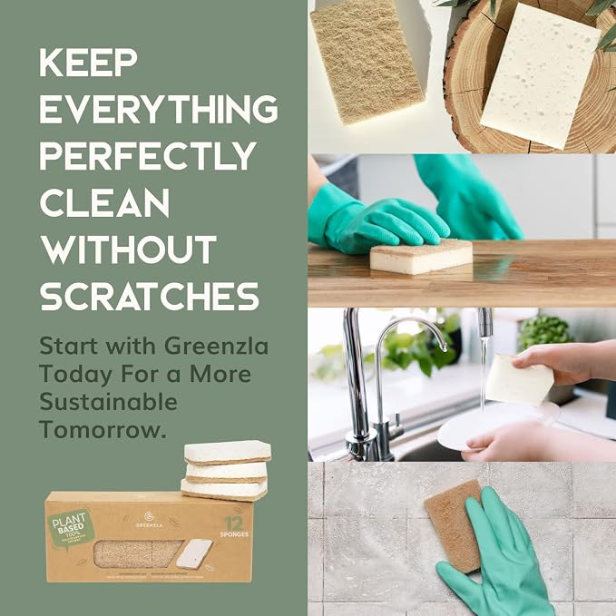Greenzla 12 Pack Kitchen Sponges, Plant-Based Dish Sponges, Non-Scratch Sisal Hemp Scouring Pads for Dishes, Countertops, Bathtubs, and Tiles