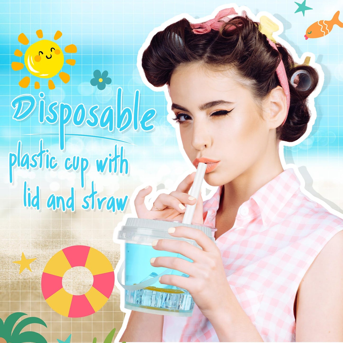 Funnymoom 15 Set 24 oz Clear Drink Buckets with Lids and Straws, Disposable Plastic Rum Cocktail Pails with Handles, Large Smoothie Cups for Adult Bachelorette Party Supplies, Beach & Catering Events