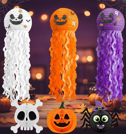 KatchOn, Halloween Paper Lanterns & Honeycomb Set – Pack 6 | Hanging Halloween Decorations Indoor, Outdoor | Paper Jack o Lantern Decor | Spooky Halloween Decorations