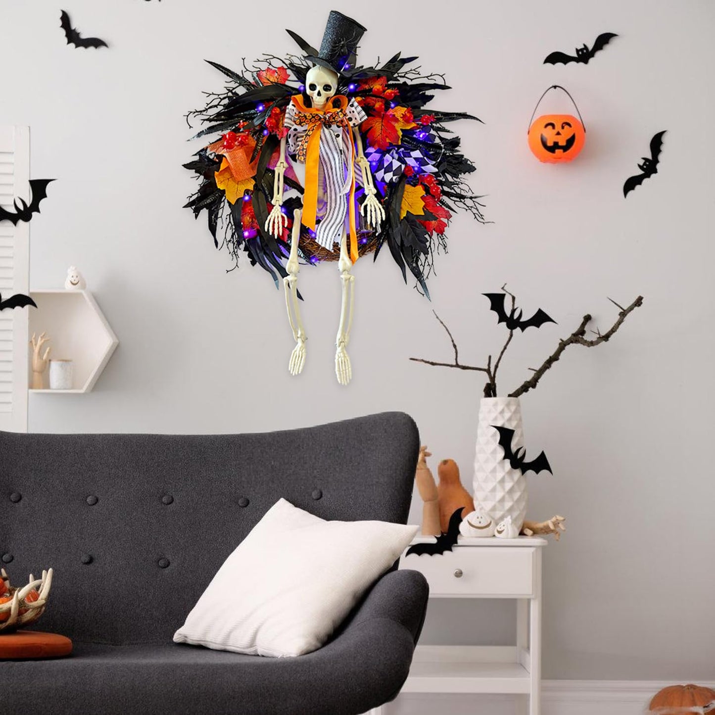 HipTree 28 Inch Halloween Skeleton Wreath for Front Door with Lights, Lighted Gothic Dark Aesthetic Door Wreath with Autumn Leaves Indoor Decorations Centerpiece Party Holiday Wall Home Decor