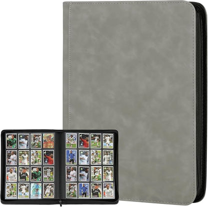 16 Pocket Ringless Side Loading Trading Card Binder, 1024 Cards PU Fixed Page Zipper Card Album for TCG Sports Game Cards, Not Fit Top Loaders (Marble Grey)