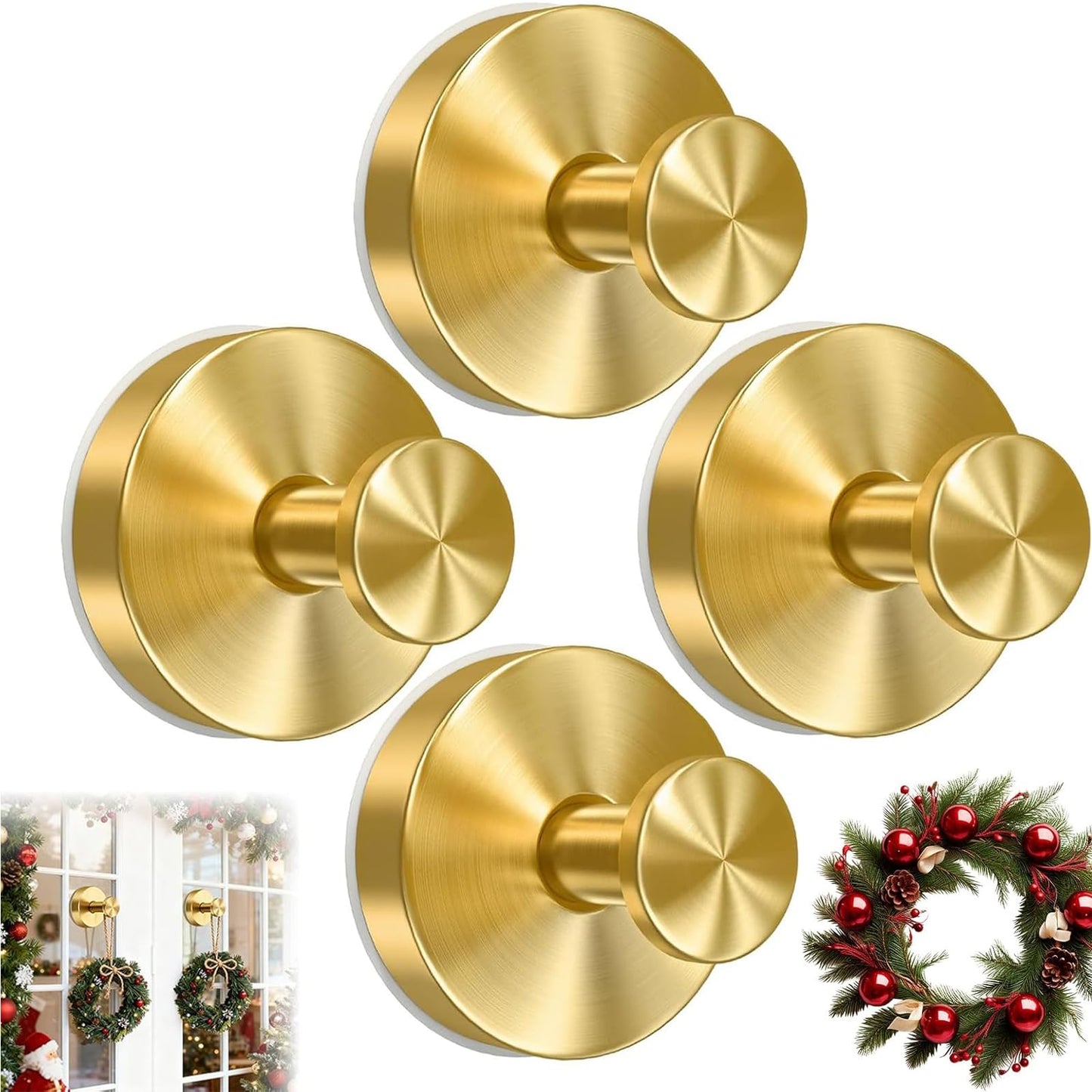 4 Pack Suction Cup Wreath Hanger, New No Drill Suction Cup Hooks for Door Wreaths, Reusable Holder for Glass Window, Door, Fall, Halloween, Christmas, Welcome Sign(Gold)