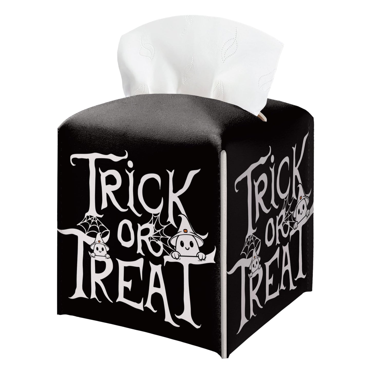 Halloween Trick Or Treat Tissue Box Holder, Black Leather Tissue Box Cover Square, Facial Paper Organizer Dispenser Toilet Paper Holder for Bathroom Kitchen Office Home Decor-A08