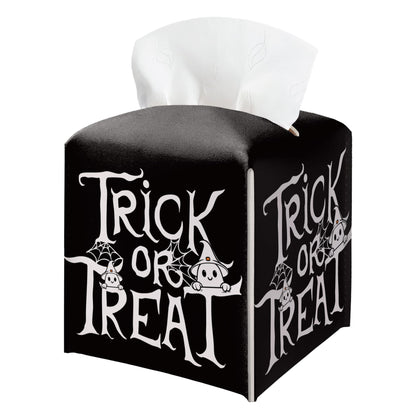 Halloween Trick Or Treat Tissue Box Holder, Black Leather Tissue Box Cover Square, Facial Paper Organizer Dispenser Toilet Paper Holder for Bathroom Kitchen Office Home Decor-A08