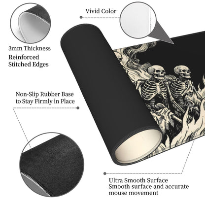 Gaming Mouse Pad Large, Gothic Skeleton Burning in Fire Desk Pad, 31.5x11.8 in Extended Mousepad Non-Slip Rubber Base Waterproof Matte for Office