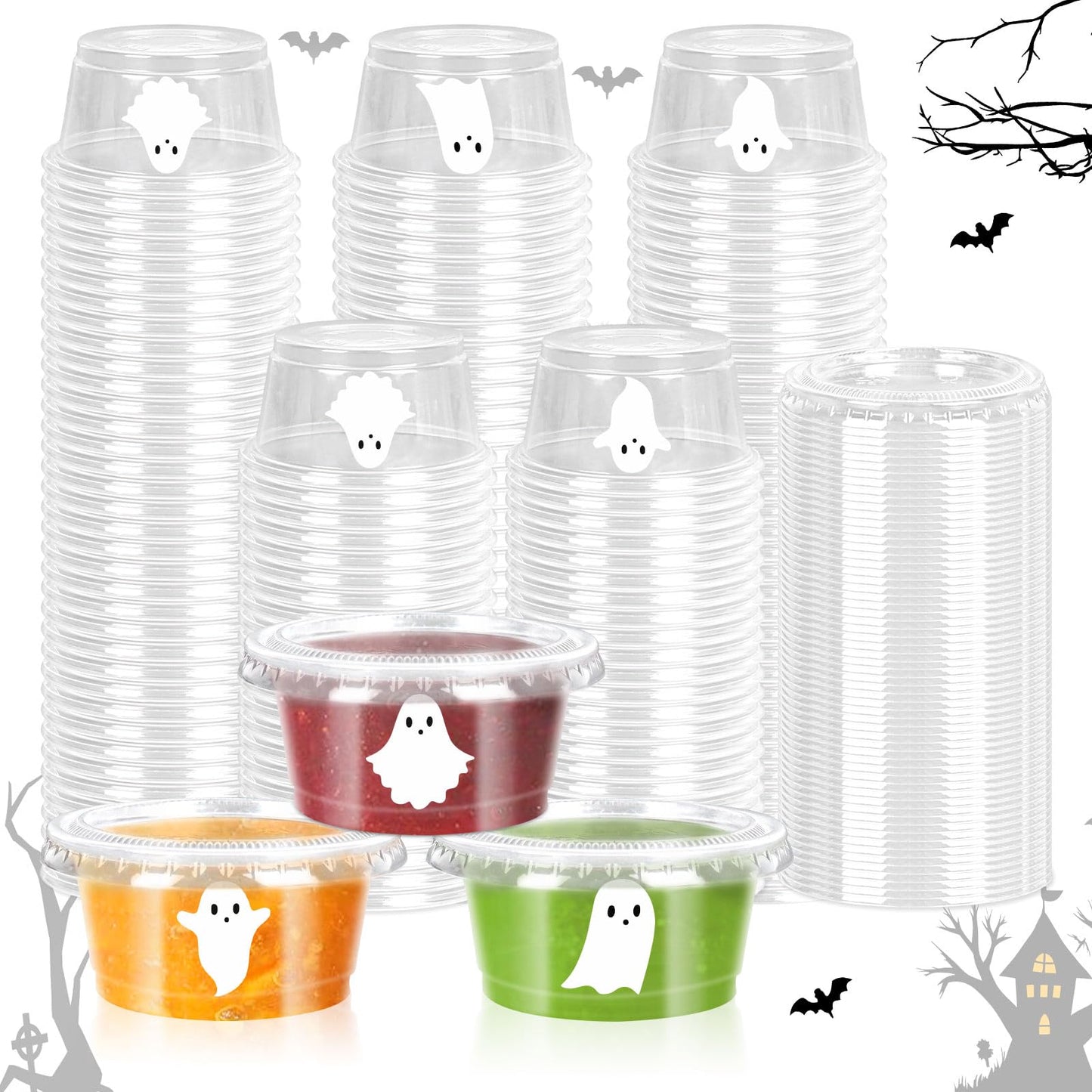 FYSUIMU 75 Pcs Halloween Sauce Cup Mini White Ghost Jelly Shot Cups with Lids Disposable Plastic Containers for Holidays Party Supplies, 2 oz