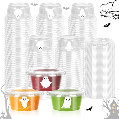 FYSUIMU 75 Pcs Halloween Sauce Cup Mini White Ghost Jelly Shot Cups with Lids Disposable Plastic Containers for Holidays Party Supplies, 2 oz