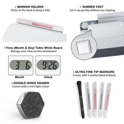 Small Glass Desk Whiteboard Dry-Erase Board with Clock, Small Travel Clock Keychain with Desk Notepad, Time Table Whiteboard for Desk Digital LED Light Display, 8x6 in with Accessories, White
