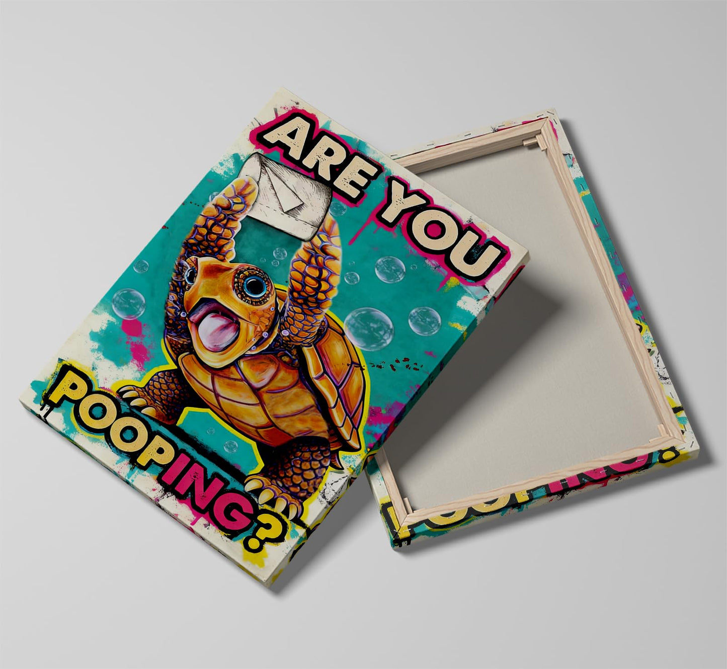 Funny Turtle Bathroom Wall Art Painting, Are You Pooping? Graffiti Humor Canvas Print, Teal Pop Art Bathroom Poster Decor, 16x24 Inch Framed Wall Picture for Bathroom Restroom Toilet Washroom