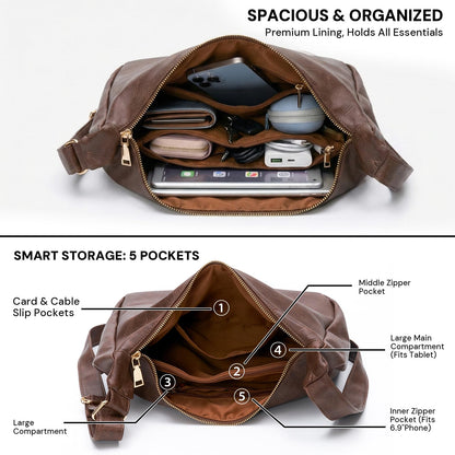 Purses for Women Slouchy Shoulder Bag Hobo Bag Soft Vegan Leather Adjustable Wide Strap Crossbody Tote Multi Pocket Handbags (Brown)