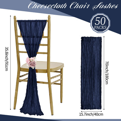 HNPSTBNO 50 PCS Cheesecloth Chair Sashes, Bows Designed ChairSashes, 15.7x70 inch Chair Sashes for Aisle Decorations Universal Chairs Cover Decoration for Wedding Reception Party Banquet (Navy Blue)