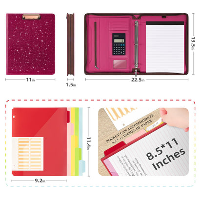 Ospelelf Zipper Clipboard with Storage, Leather Padfolio Portfolio Folder, 3 Ring Binder Dividers with Tabs, 12.1” Tablet Sleeve, Refillable Notepad, Card Slot (Rose Red)