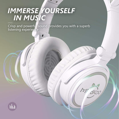 Headphones for Back to School, Kids Cat Ear Headphones, Led Lights Up, Foldable Bluetooth Wireless Headphones with Microphone for iPad Tablet