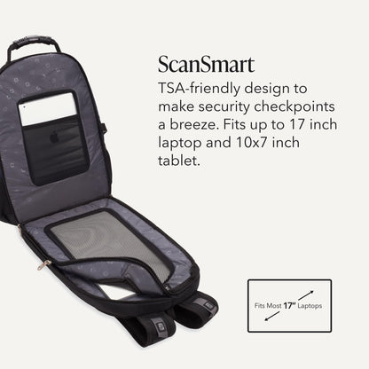 SWISSGEAR 1900 ScanSmart Laptop Backpack, Fits Most 17-Inch Laptops, TSA-Friendly Lay-Flat Design, RFID Protection, and Tablet Pocket, Black, 31L, 18.5-Inch