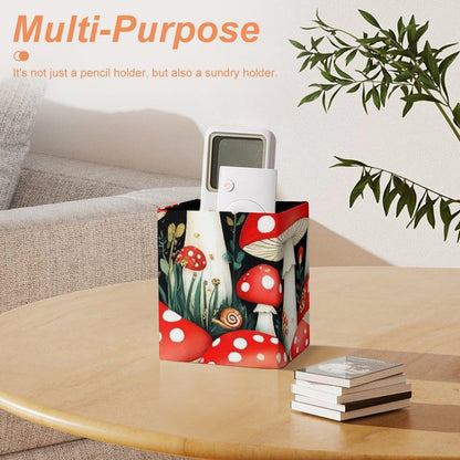 UTRSIFB Pen Holder Square Leather Pencil, Holder Cup Makeup Brush Storage Organizer, Waterproof Multifunctional Office Supplies Wild Mushrooms