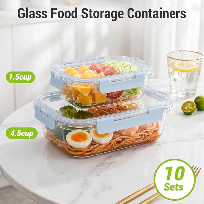 Dealusy 10 Sets (20-Piece) 4.5 Cup & 1.5 Cup Glass Food Storage Containers with lids, Airtight Leak-proof Glass Meal Prep Containers with Lids, Microwave Oven Freezer Dishwasher Safe, Blue