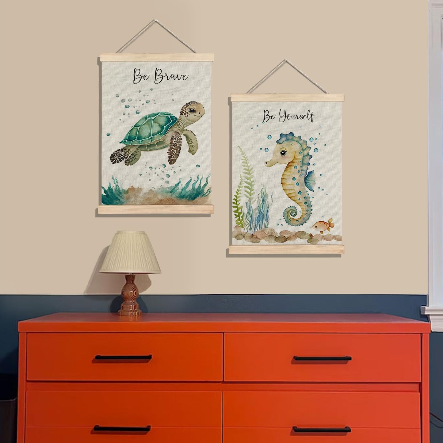 BearCake Ocean Nursery Decor, Sea Turtle Seahorse Under the Sea Wall Art Poster Hanger Frame, Inspirational Beach Nursery Canvas Prints Framed Wall Decor for Kids Room Playroom, 12x16 Inch Set of 2