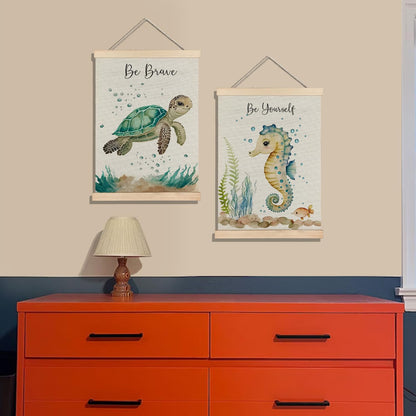 BearCake Ocean Nursery Decor, Sea Turtle Seahorse Under the Sea Wall Art Poster Hanger Frame, Inspirational Beach Nursery Canvas Prints Framed Wall Decor for Kids Room Playroom, 12x16 Inch Set of 2