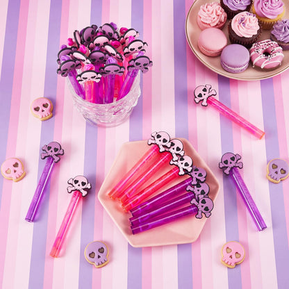 RoundFunny 24 Pcs Skull Mini Bubble Wands Skeleton Theme Party Supplies Favors Decorations Kawaii Cartoon Pink Purple Bubbles Sticks Wands for Birthday Party Goodie Gift Bag Outdoor Activity
