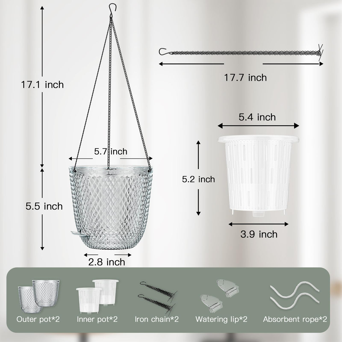 QCQHDU Hanging Planters for Indoor Plants, 2-Pack 5.7 Inch Self Watering Hanging Pots, Plastic Plant Hanger with Drainage Holes and 3 Hooks Chains for Garden Home (Clear)