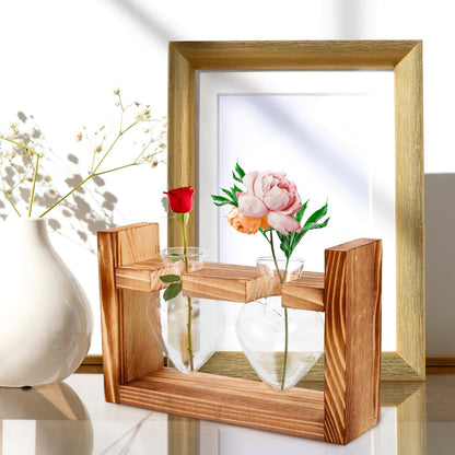 Healvian Heart-Shaped Glass Terrarium Vase with Wooden Stand, Hydroponic Planter for Indoor Plants, Desktop Home Decor, 2pcs Set with Retro Frame Packaging