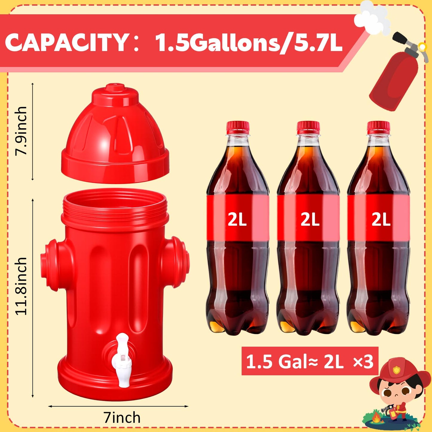Liliful 1.5 Gallon Drink Dispenser Firefighter Racing Birthday Party Beverage Dispenser Plastic Dog Paw Party Supplies for Kids Fighter Theme Decorations (Fire Hydrant)