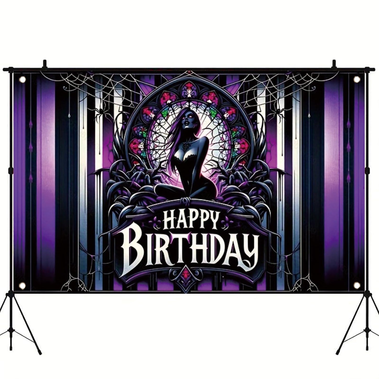 Tomhong Gothic Birthday Banner 71x43 Inch Purple Spider Web Stained Glass Halloween Theme for Gothic Party Decor Wall Hanging