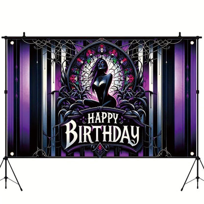 Tomhong Gothic Birthday Banner 71x43 Inch Purple Spider Web Stained Glass Halloween Theme for Gothic Party Decor Wall Hanging