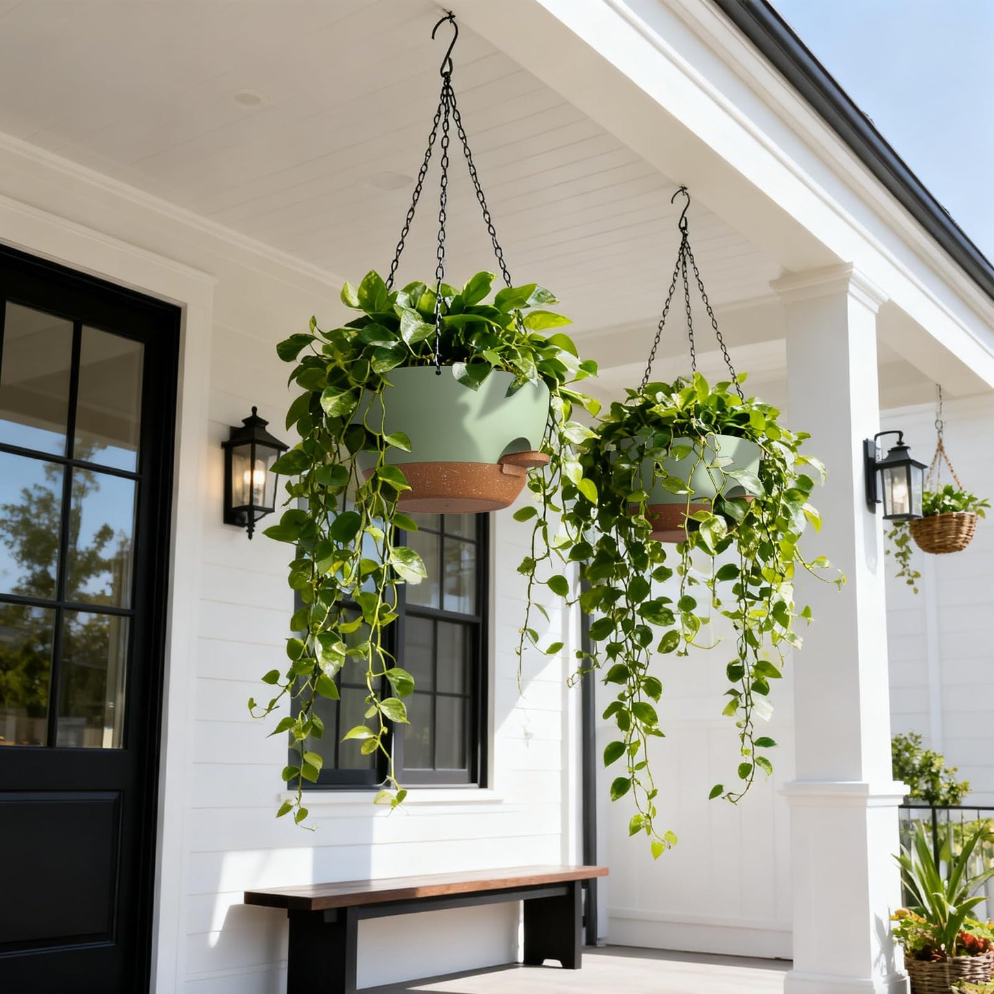 UOUZ 13 Inch 2 Pack Large Self Watering Hanging Planters for Indoor Outdoor Plants, Hanging Plant Pots with Removable 50 Oz Reservoir, Plastic Hanging Basket for Window Porch Garden, Green with Brown