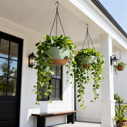 UOUZ 13 Inch 2 Pack Large Self Watering Hanging Planters for Indoor Outdoor Plants, Hanging Plant Pots with Removable 50 Oz Reservoir, Plastic Hanging Basket for Window Porch Garden, Green with Brown
