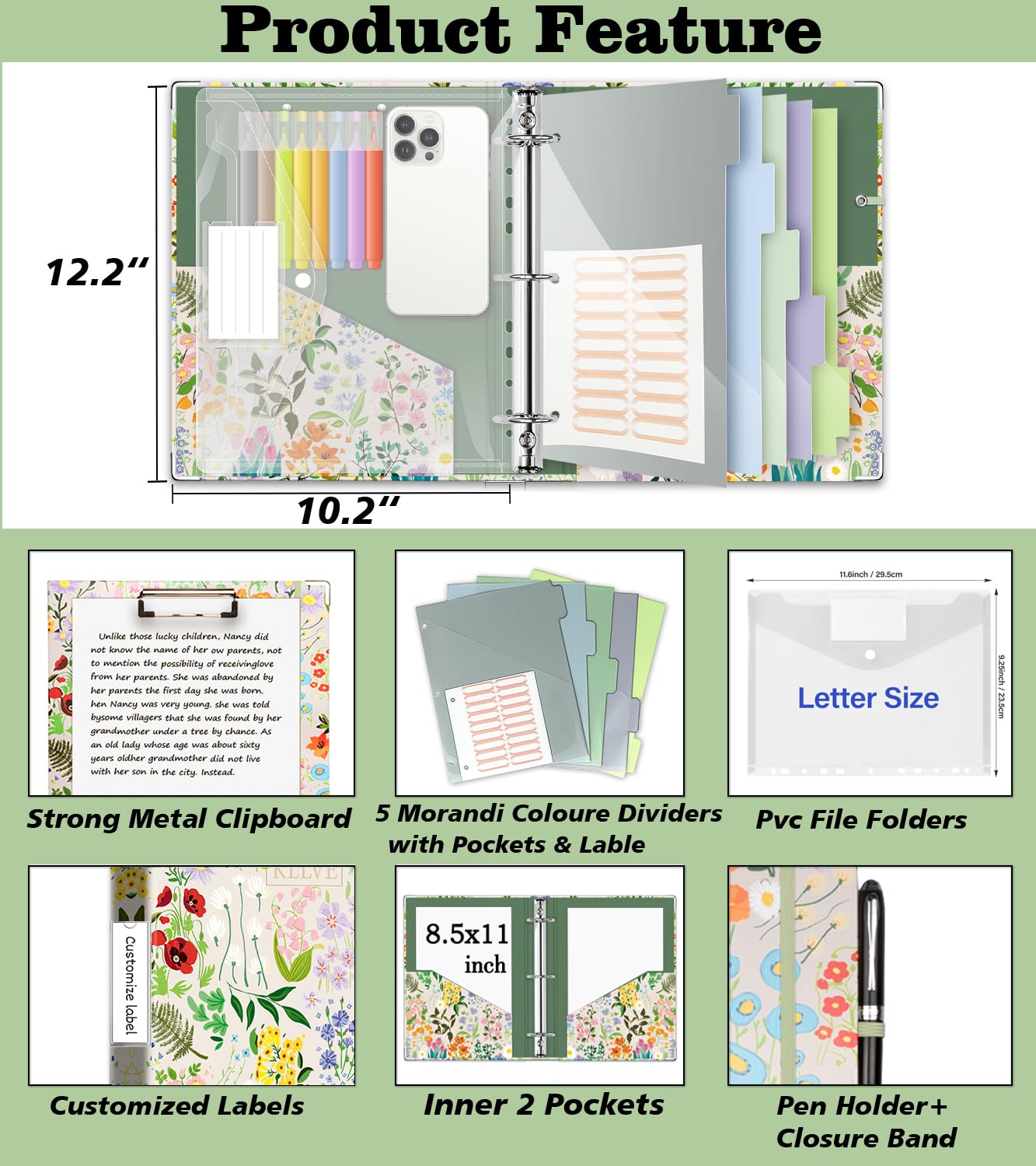 3 Ring 1 Inch Binder Organizer, KLLVE Three Ring Binders with Clipboard, 5-Tabs Pockets Dividers, Plastic Folder, 18 Divider Stikers,Pen Loop (Wildflower, Letter Size)