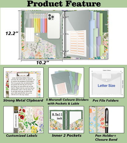 3 Ring 1 Inch Binder Organizer, KLLVE Three Ring Binders with Clipboard, 5-Tabs Pockets Dividers, Plastic Folder, 18 Divider Stikers,Pen Loop (Wildflower, Letter Size)