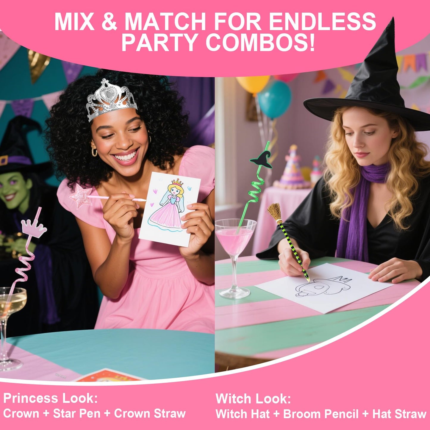 36PCS Witch Party Decorations Pink and Green Party Decorations Princess and Witch Party Favors Include Witch Hats Crowns Star Pens Broom Pencils Drinking Straws Wizard Hats for Witch Birthday Decor