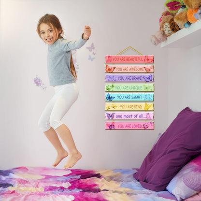 Rutiyoka Butterfly Room Decor for Girls Bedroom Wall Rainbow Inspirational Art Kids Wood Decorations Little Girl Nursery Toddler Sign