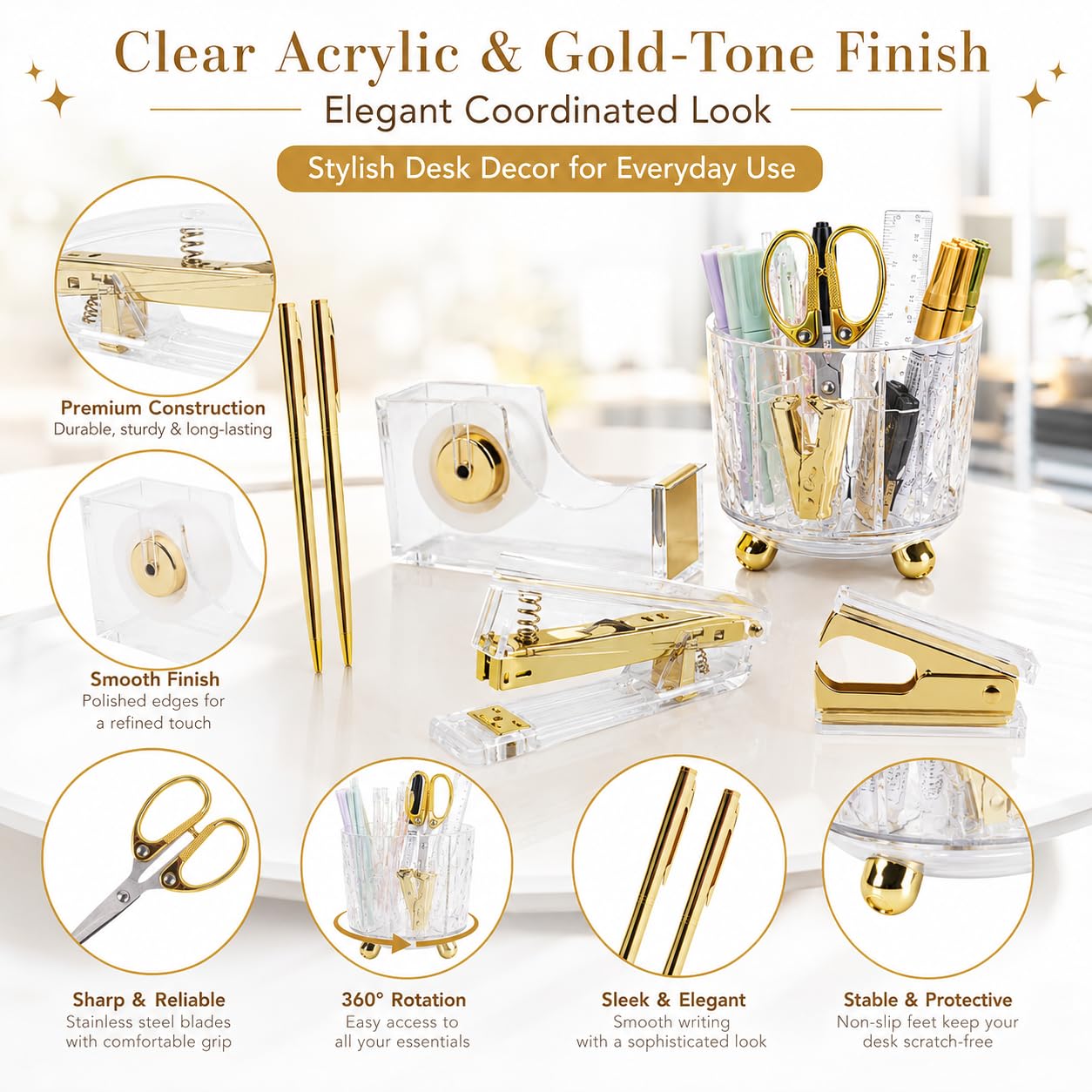 Office Desk Accessories Supplies - 11 Pcs Gold Desk Decor Set with 360-Degree Rotating Pen Holder, Women Cute Aesthetic Office Essentials Kit, Stapler Tape Dispenser, Acrylic Gift for School Home Work