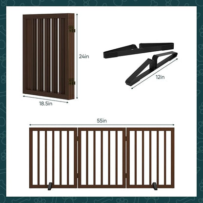 Freestanding Dog Gates Indoor, 3-Panel Pet Gates with 2 Metal Stands and 360° Hinge, 24" H Foldable Dog Gate for Stairs, Doorway, Kitchen, Expands Up to 55" Fully Assembled - Black Walnut