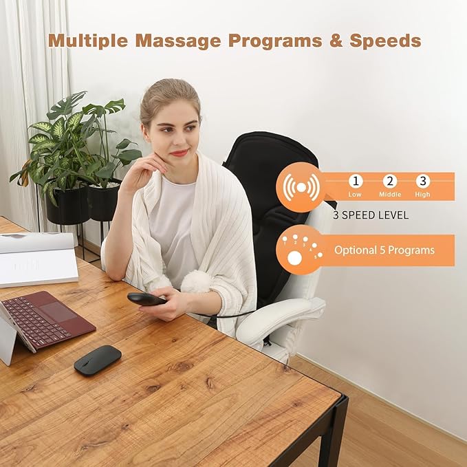 SLOTHMORE Back Massage Chair Pad, Back Massager with Heat for Pain Relief, Chair Massager for Full Body Massage, Deep Tissue Vibration Massger with 2 Adapters, Chair Massager for Office and Recliner
