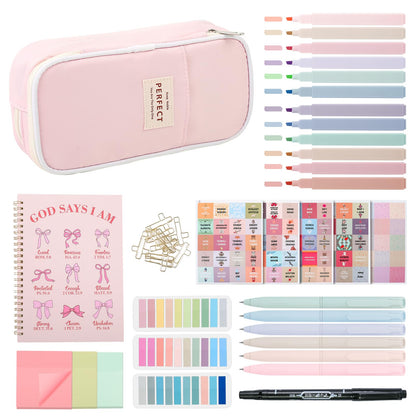 Gorsbark Bible Journaling Kit for Women, Bible Study Supplies Set with No Bleed Highlighters, Pens, Tabs, Notebook, Pencil Case, Christian Gifts for Women, Beginners, Students, Bible Study kit (Pink)