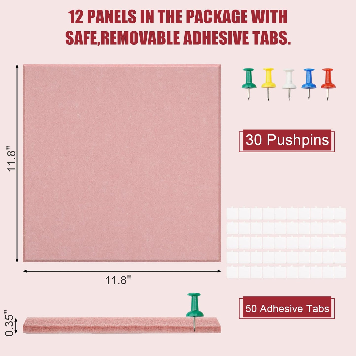 Large Cork Board Alternative 48" X 36" Bulletin Board - 12 Pack Removable Felt Wall Tiles with 30 pushpins, Large Cork Boards for Walls Cork Board for Office Pin Board Tack Board - Pink