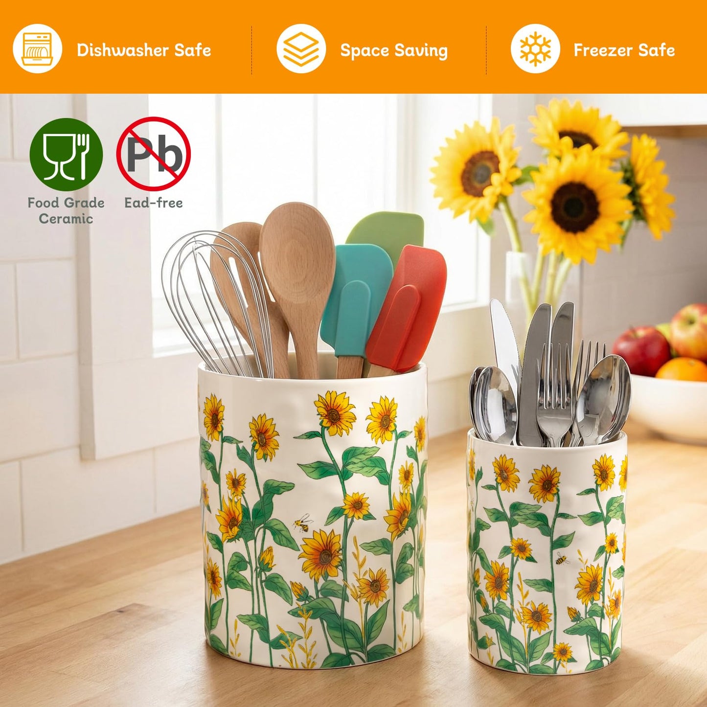 Sunflower Utensil Holder, 7.1"+5.4" Ceramic Utensil Holder for Kitchen Counter, Cooking Utensil Crocks for Countertop, Utensil Storage Container Organizer for Spoon, Sunflower Farmhouse Kitchen Decor