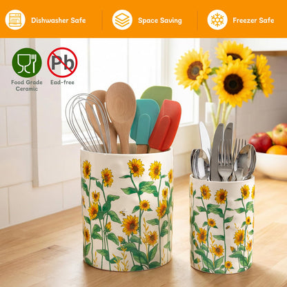 Sunflower Utensil Holder, 7.1"+5.4" Ceramic Utensil Holder for Kitchen Counter, Cooking Utensil Crocks for Countertop, Utensil Storage Container Organizer for Spoon, Sunflower Farmhouse Kitchen Decor