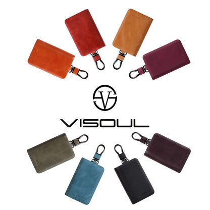 VISOUL Car Key Case Holder Double Zipper, Leather Car Smart Key Fob Case with Keychain for Men and Women-Tan