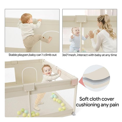 Fodoss Baby Playpen, 59×69in Beige Playpen for Babies and Toddlers, Play Pen for Apartment, Kids Activity Fence, Baby Playard with All-Side Mesh, Pull Rings