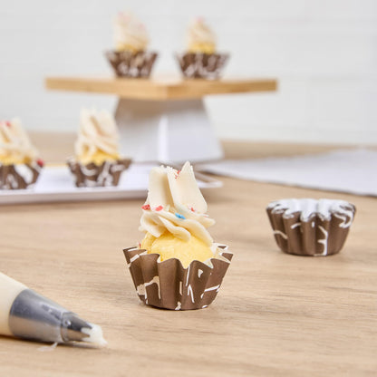 Restaurantware Panificio 0.4 Ounce Baking Cups 200 Flared Cupcake Liners - Oven-Ready Freezable Brown And White Paper Muffin Cases Disposable Chocolate Wisp For Wedding Parties Baby Showers