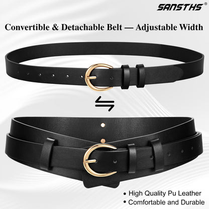 SANSTHS Belt for Women 2-in-1 Waistband for Dress Coats Pants, Women Wide Leather Belt with Fashion Buckle, Black S