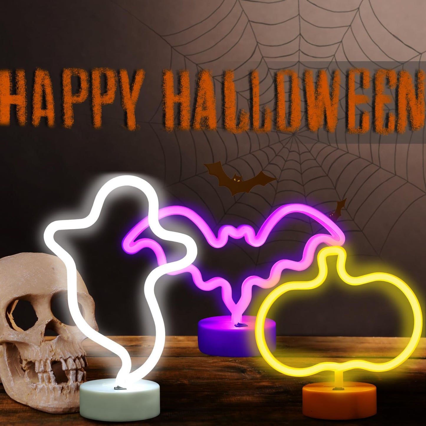 VIHOSE 3 Pcs Neon Light Halloween Decorations LED Lamps Ghost Pumpkin Bat Shape Neon Signs Decorative Battery Operated Night Lights with Holder Base for Bedroom Table Desk Room home Party Bar Gifts