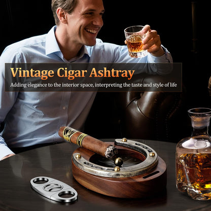 SEMKONT Cigar Ashtray, Horseshoe Wooden Portable Ashtray with Cutter, Zinc Alloy Anti-scald Gasket, Cigar Slot and Holder for home, office, bar and outdoor (Brown-Portable Ashtray)