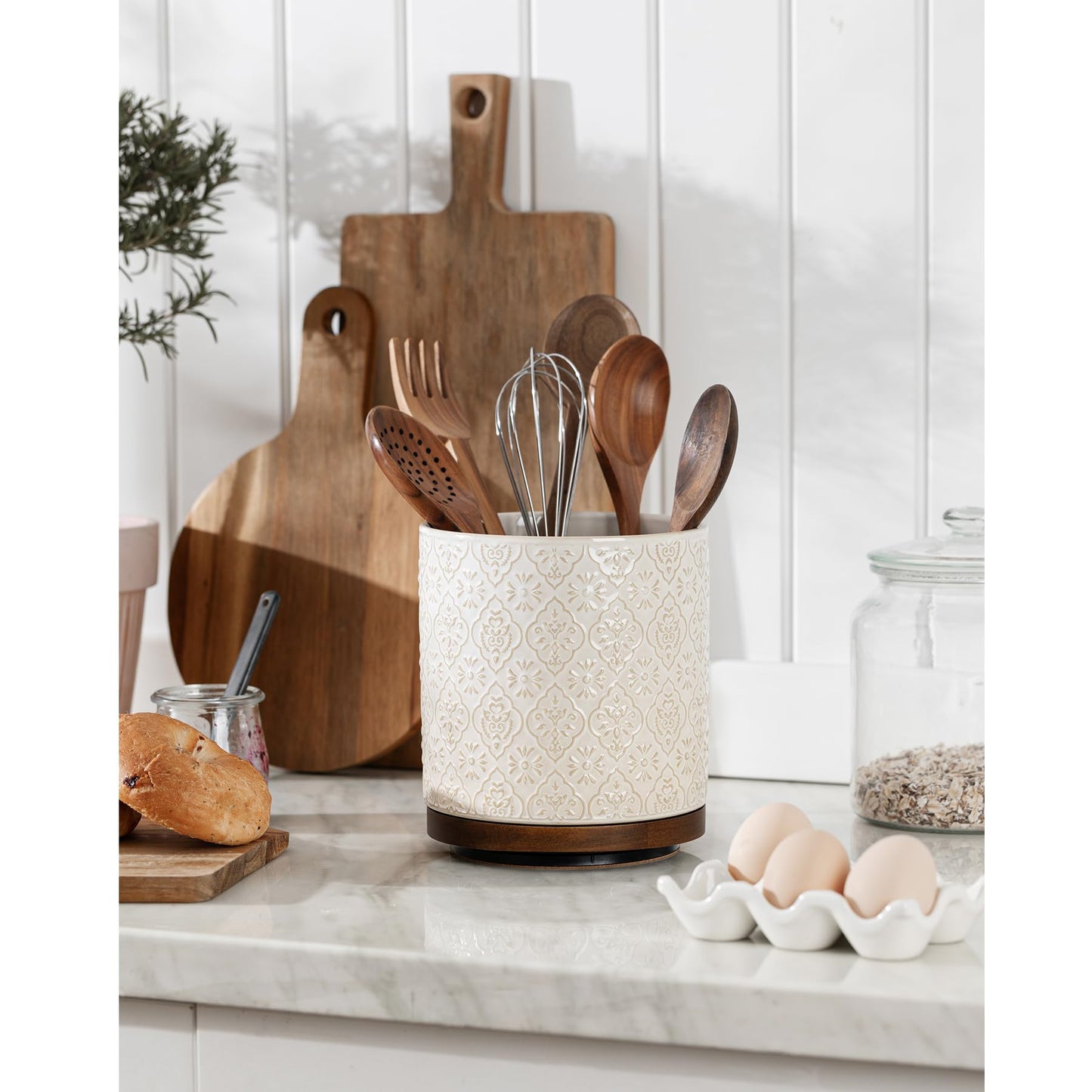 MIKIGEY Kitchen Utensil Holder, 360° Rotating Extra Large Ceramic Utensil Holder with Embossed Pattern, 7.3” Cooking Utensil Crocks for Kitchen Countertop, Home Decor, Off-White