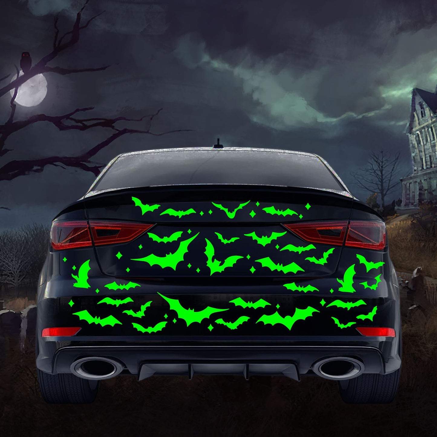 Whaline 3 Sheets Halloween Glow in The Dark Bat Car Decals Spooky Luminous Bat Vinyl Stickers for Bumper Truck Van SUV Car Window Headlamp Taillight