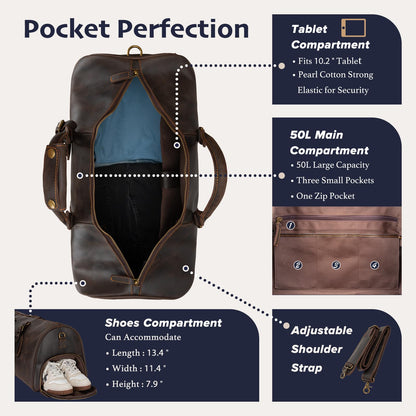 Leather Duffle Bags for Men with Shoe Compartment – 23.6" x 12.6" x 11" Travel Bag, Gym Bag, Also Suitable for Crossbody or Shoulder Carry, Dark Brown Large Size